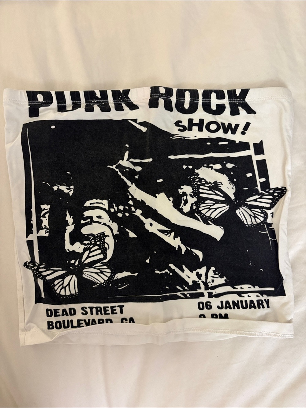 Princess Polly White Tube Top with Black Punk Rock Graphic